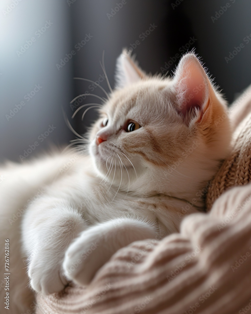 A cute little kitten lies in the arms of its owner, close-up. Adorable pet A cute little kitten lies in the arms of its owner, close-up. Adorable pet
