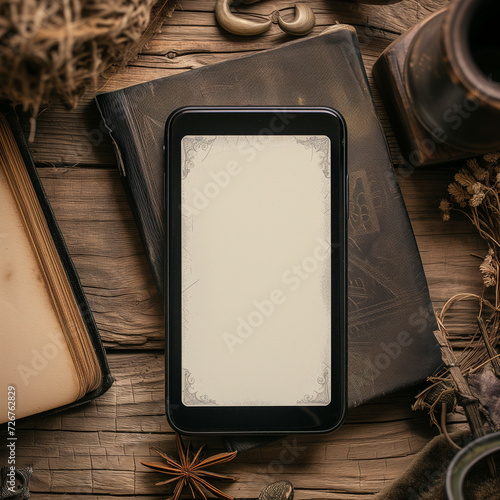 smartphone ereader on a book - generative ai photo