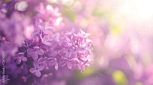 Beautiful Wide Angle soft spring background with lilac flowers. Panoramic pastel floral pink and purple template Web banner. greeting card with Copy Space. Illustration for Albums  notebooks.