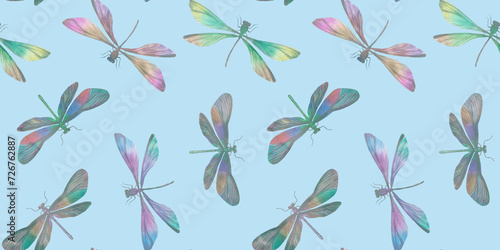 multi-colored dragonflies  seamless abstract pattern on a blue background