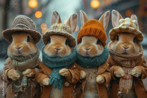 An adorable crew of brown bunnies donning stylish hats and coats, resembling cuddly stuffed animals, enjoying a playful outdoor adventure with their toy teddy bear figurine