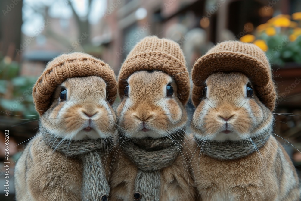A charming group of fluffy brown bunnies brave the chilly outdoor weather, adorned with cute hats and scarves as they gather around a majestic flower-adorned statue of their fellow mammal, the stuffe
