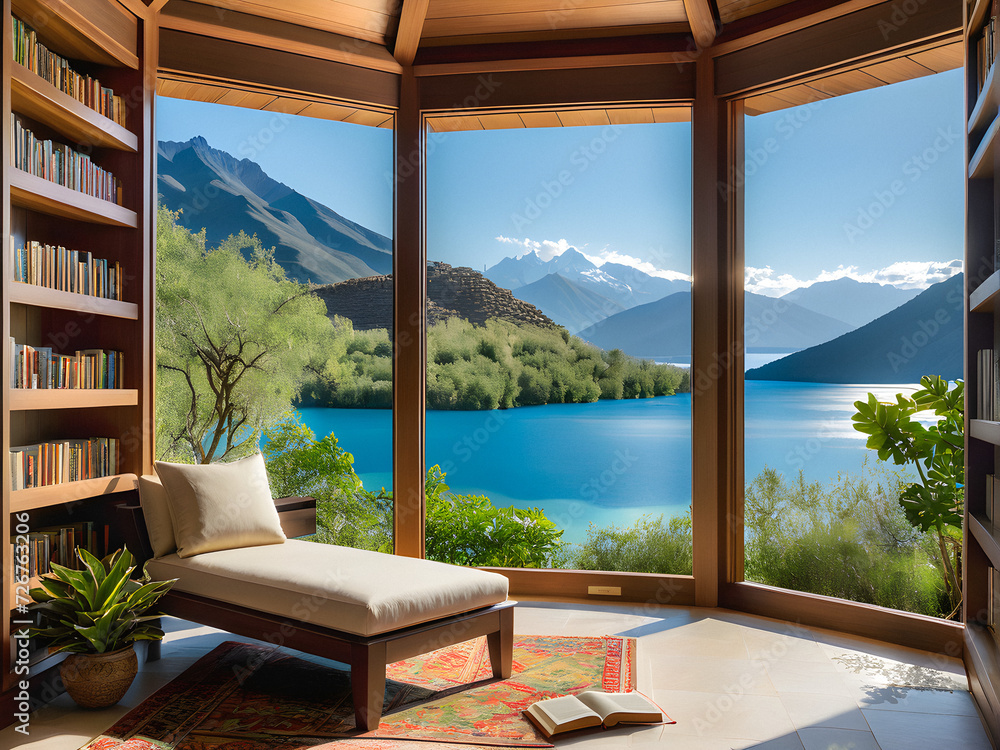 Fototapeta premium Mountain Retreat Haven: Secluded Reading Nook with Lake and Mountain Views. generative AI