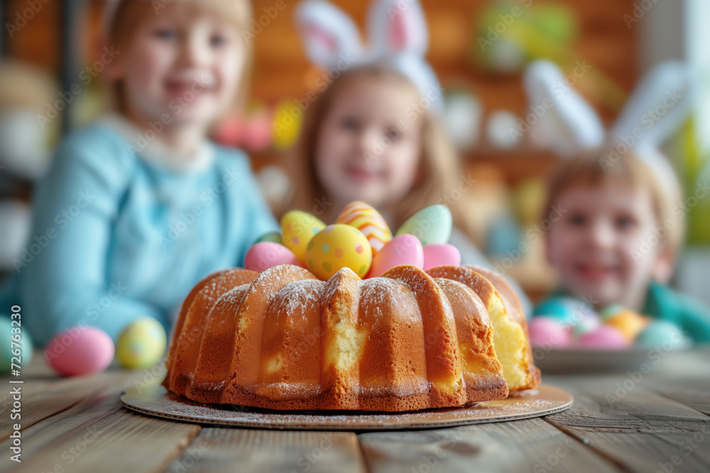 Fototapeta premium Happy Easter! Cute little children cake and Easter eggs on wooden table