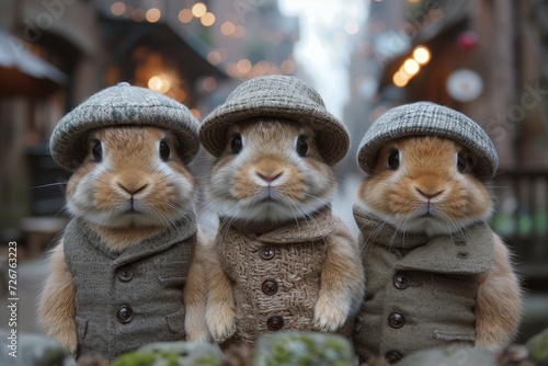 A group of stylish bunnies brave the cold winter weather as they make their way through the gray outdoor landscape, donning their cozy hats and coats