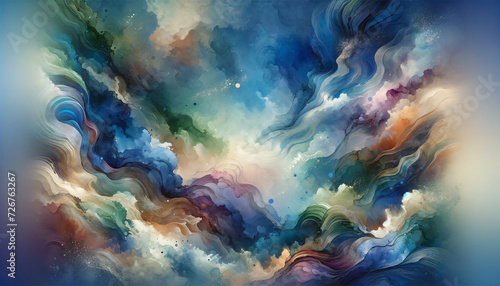 Sophisticated abstract wallpaper blending watercolor effects and digital strokes in blues, greens, and purples for a tranquil desktop. Generative AI.