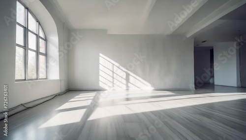 empty room wall white background for product presentation with shadow and light from windows  in the style of minimalist background  modern interior concept