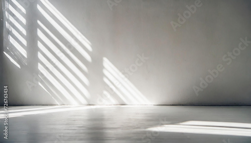 empty room wall white background for product presentation with shadow and light from windows, in the style of minimalist background, modern interior concept