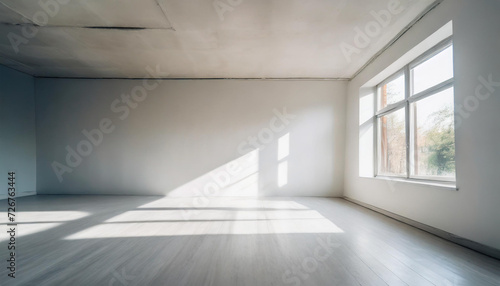 empty room wall white background for product presentation with shadow and light from windows  in the style of minimalist background  modern interior concept