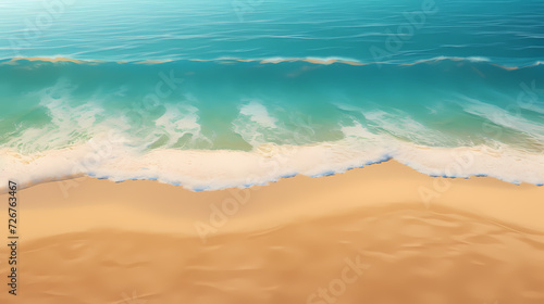 Sandy beach with light blue transparent water waves and sunlight  tranquil aerial beach scene