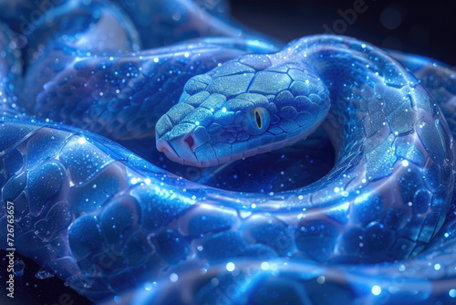 Illustration of a blue snake in water element with dew, symbolizing the year of the snake 2025 in the calendar. photo