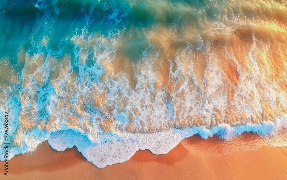 Aerial plan view of waves kissing the sandy shore. A dance of colors and textures, embodying the serene meeting of land and sea