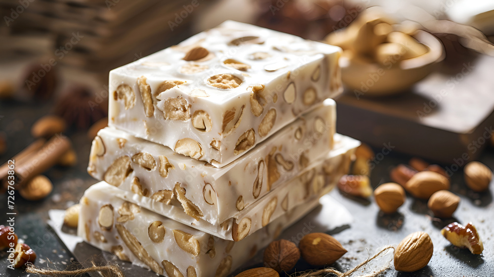 Stacked turron with almonds on dark slate plate against a background of spices and nuts, close up. Turron bars with a rich array of almonds and winter spices. Traditional Spanish sweets Stacked turron with almonds on dark slate plate against a background of spices and nuts, close up. Turron bars with a rich array of almonds and winter spices. Traditional Spanish sweets