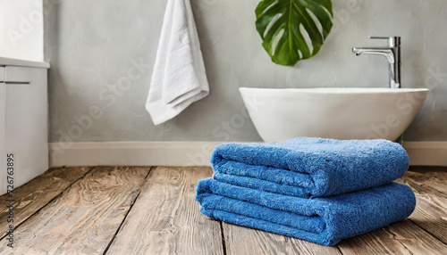 Bathroom Interior Design With Blue Towels and Empty Wooden Floor