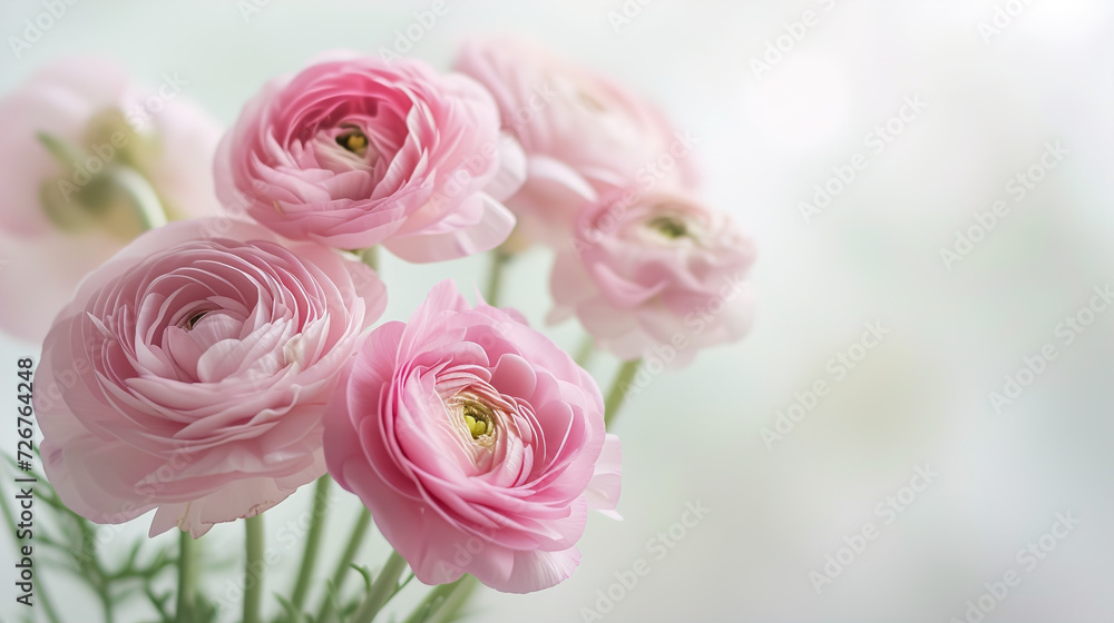 Set with beautiful spring ranunculus Flowers on Background. Banner design. Illustration for Albums, notebooks. Web banner. greeting card with Copy Space Set with beautiful spring ranunculus Flowers on Background. Banner design. Illustration for Albums, notebooks. Web banner. greeting card with Copy Space