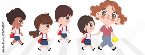 Cute cartoon children crossing the crosswalk by color traffic light.