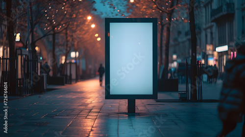 Minimalistic ad advertising with blank white empty paper board frame billboard sign template with copy space for text on the city street at night, outdoor business announcement promotion concept