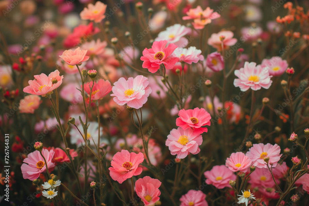 Field of Pink Cosmos Flowers