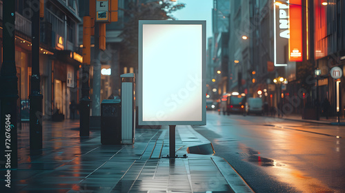 Minimalistic aesthetic ad advertising with blank white empty paper board frame billboard sign template with copy space for text on the city street, outdoor business announcement promotion concept photo