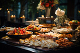 A sumptuous banquet table, adorned with gourmet dishes, awaits guests for a delightful celebration.