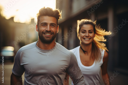 A happy, sporty couple jogging together in the morning, enjoying a healthy and active lifestyle.