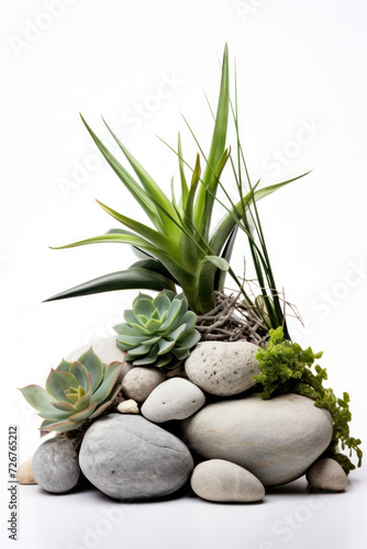 A decorative composition of green succulents and stone, creating a botanical home interior.