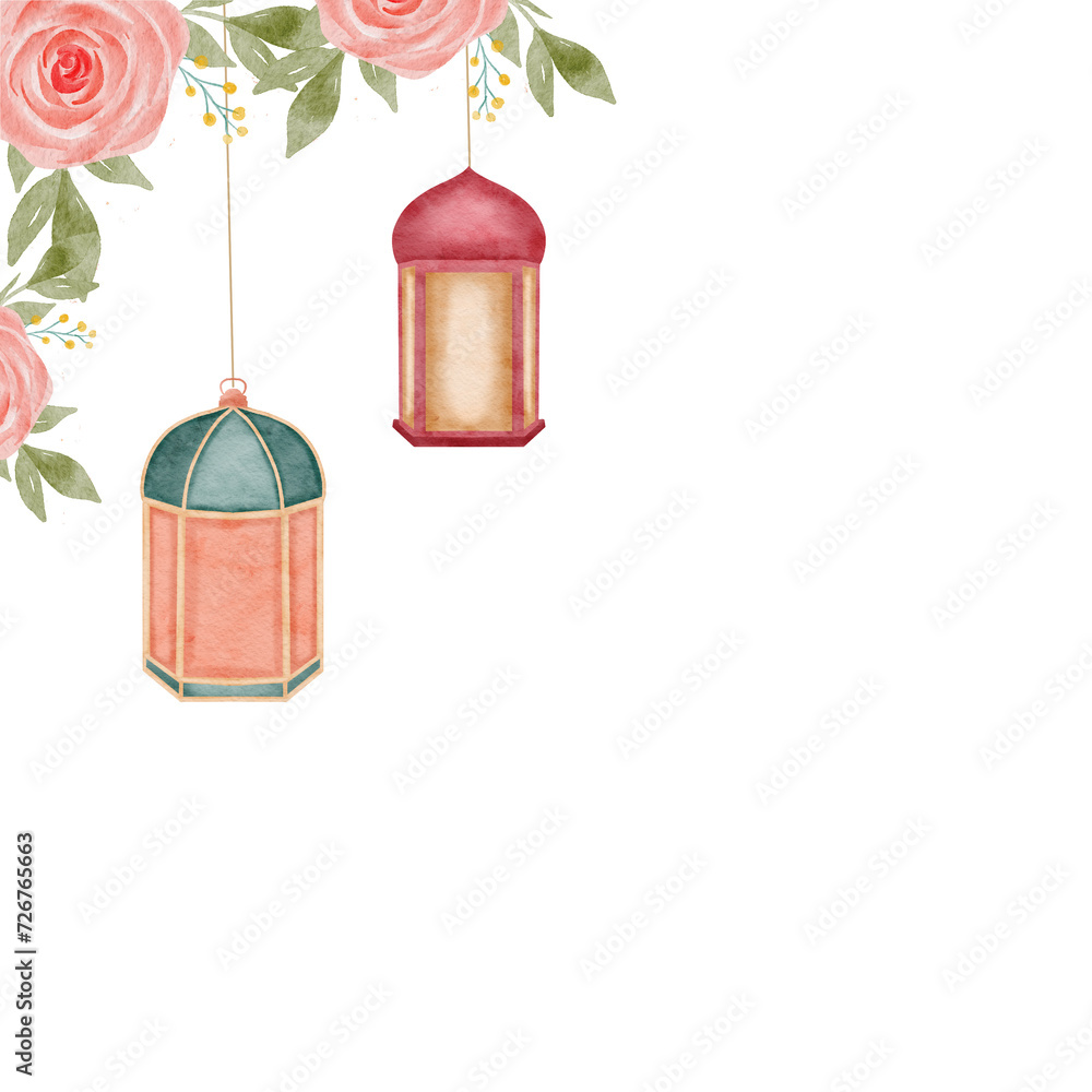 Watercolor Islamic Floral Lantern Border Decoration