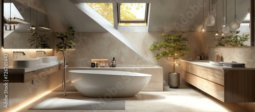 Elegant bathroom design with marble panels, bathtub, and modern accessories in a glamorous interior concept featuring a roof window. photo