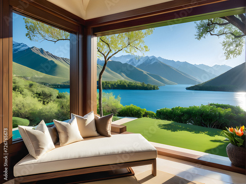 Mountain Retreat Haven: Secluded Reading Nook with Lake and Mountain Views. generative AI