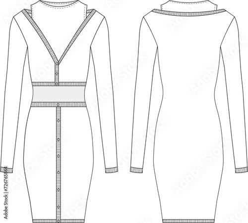 low-cut, round neck, v-neck, ribbed buttoned long sleeve three-piece body con short dress template tecnical drawing flat sketch cad mockup fashion woman design style model
