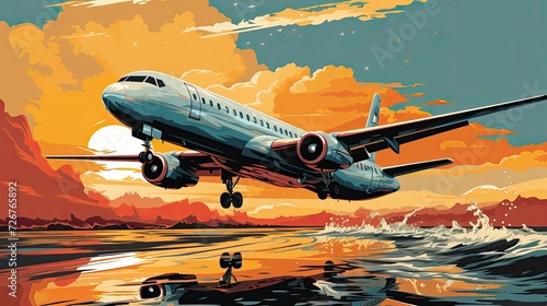  Colorful illustration of an airplane taking off in the sun. Air flight, tour, happy trip, flight, travel packages, booking, buying air tickets. The plane takes off at the airport art in pop art style