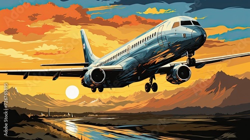  Colorful illustration of an airplane taking off in the sun. Air flight  tour  happy trip  flight  travel packages  booking  buying air tickets. The plane takes off at the airport art in pop art style