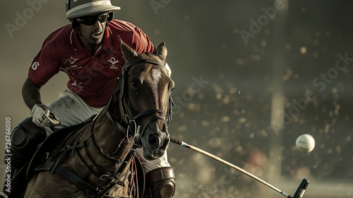 Horse polo player hit the ball with a mallet in action. 