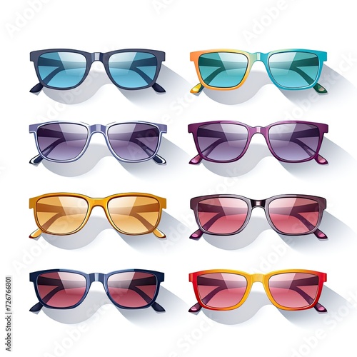 Collection set of bright glasses in colorful frames icons, isolate on a white background. Sunglasses stickers, icon design. Set of glasses pattern print, template, banner. Glasses stand concept.