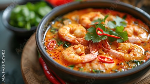 tasty spicy prawn soup or Tom yum kung or Tom yum goong in thai language, one of the most popular menu thai food. 