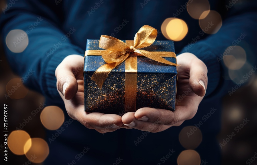 A man holds a packed gift in his hands for his favorite woman A man holds a packed gift in his hands for his favorite woman