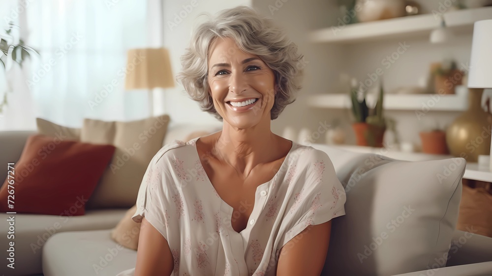 Portrait of a smiling middle aged woman sitting on sofa at home. Mature senior in living room. Portrait of a smiling middle aged woman sitting on sofa at home. Mature senior in living room.
