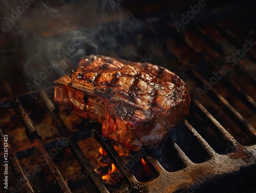 Perfect charred steak on a wood-fired grill.