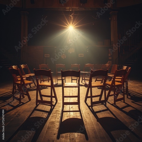 Dimly lit theater stage with an inviting ring of chairs, light filtering from above. Ready for improv group.