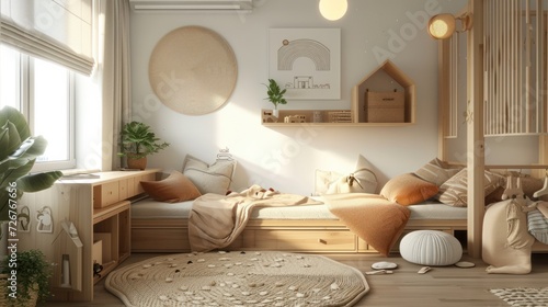 Children bedroom design mock up with unisex natural wooden furniture, panorama, 3d render, 3d illustration photo