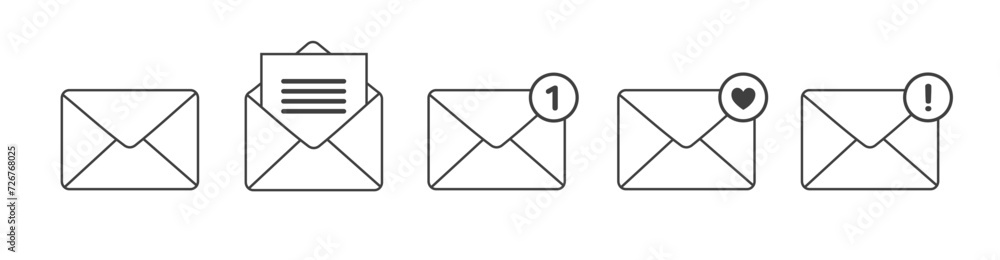 Vector mail envelope icon set with new message marker. Email letter notification with mark. Outline e-mail symbols Vector mail envelope icon set with new message marker. Email letter notification with mark. Outline e-mail symbols