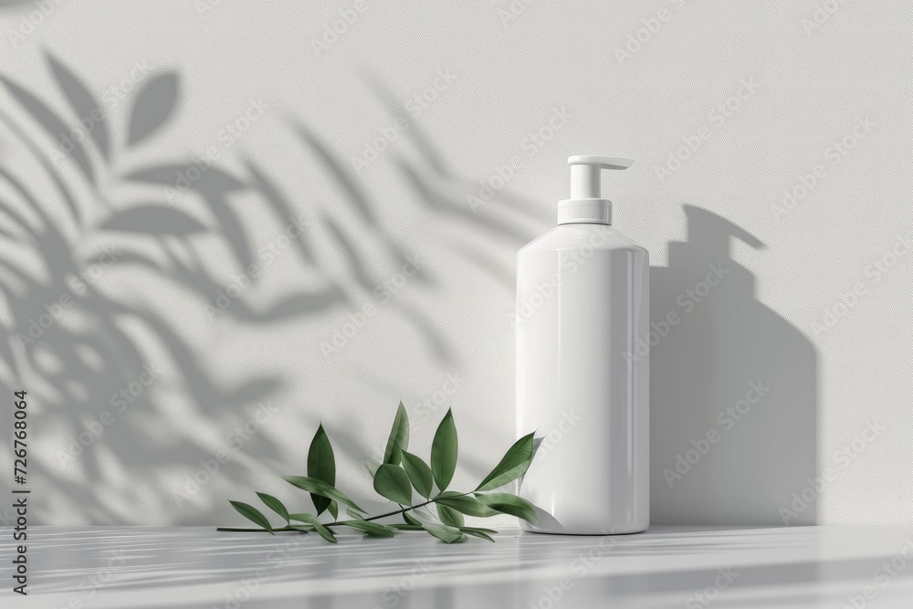 White dispenser bottle with plant shadow backdrop. White dispenser bottle with plant shadow backdrop.