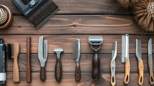 Electric hair trimmer, vintage straight razors, a comb, wax and brush on the wooden background, close-up. Place to insert your text. Hipster grooming