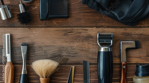 Electric hair trimmer, vintage straight razors, a comb, wax and brush on the wooden background, close-up. Place to insert your text. Hipster grooming