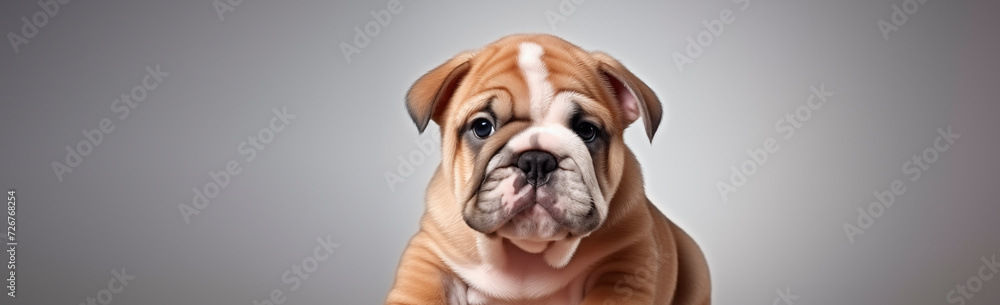 Muzzle of a bulldog puppy close-up on a gray background, empty space. Cute domestic puppy, pet