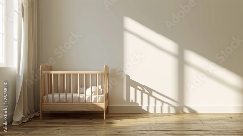 Empty wooden table in baby room. Space for text photo