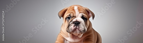 Muzzle of a bulldog puppy close-up on a gray background, empty space. Cute domestic puppy, pet © Mariia