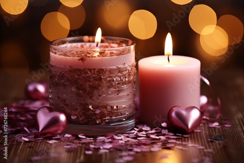 Romantic Valentines Day candles on light background with beautiful bokeh for romantic atmosphere