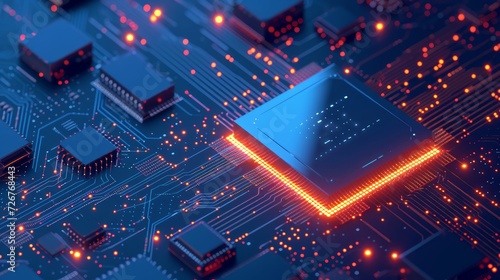 Futuristic microchip processor with lights on the blue background. Quantum computer  large data processing  database concept. CPU isometric banner. Central Computer Processors CPU concept.Digital chip