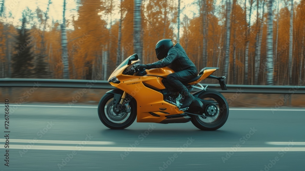 Fototapeta premium Professional motorbike rider. A motorcycle rides fast on the road. Generative AI. Sport. Copy space for your custom text. Fast motion blur effect